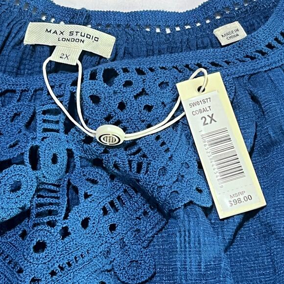Max Studio 2X Cobalt Lace Yoke Peasant Top NWT Boho Short Sleeve Blouse Tunic - Picture 5 of 8